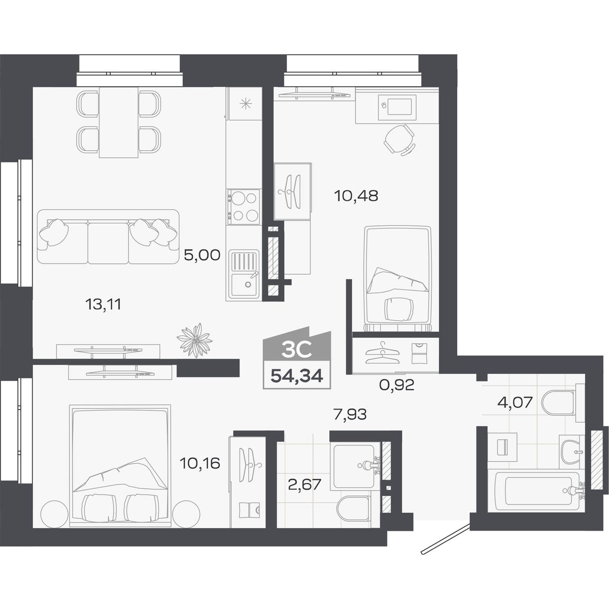 Планировка: Евро-3, 54,34 м²