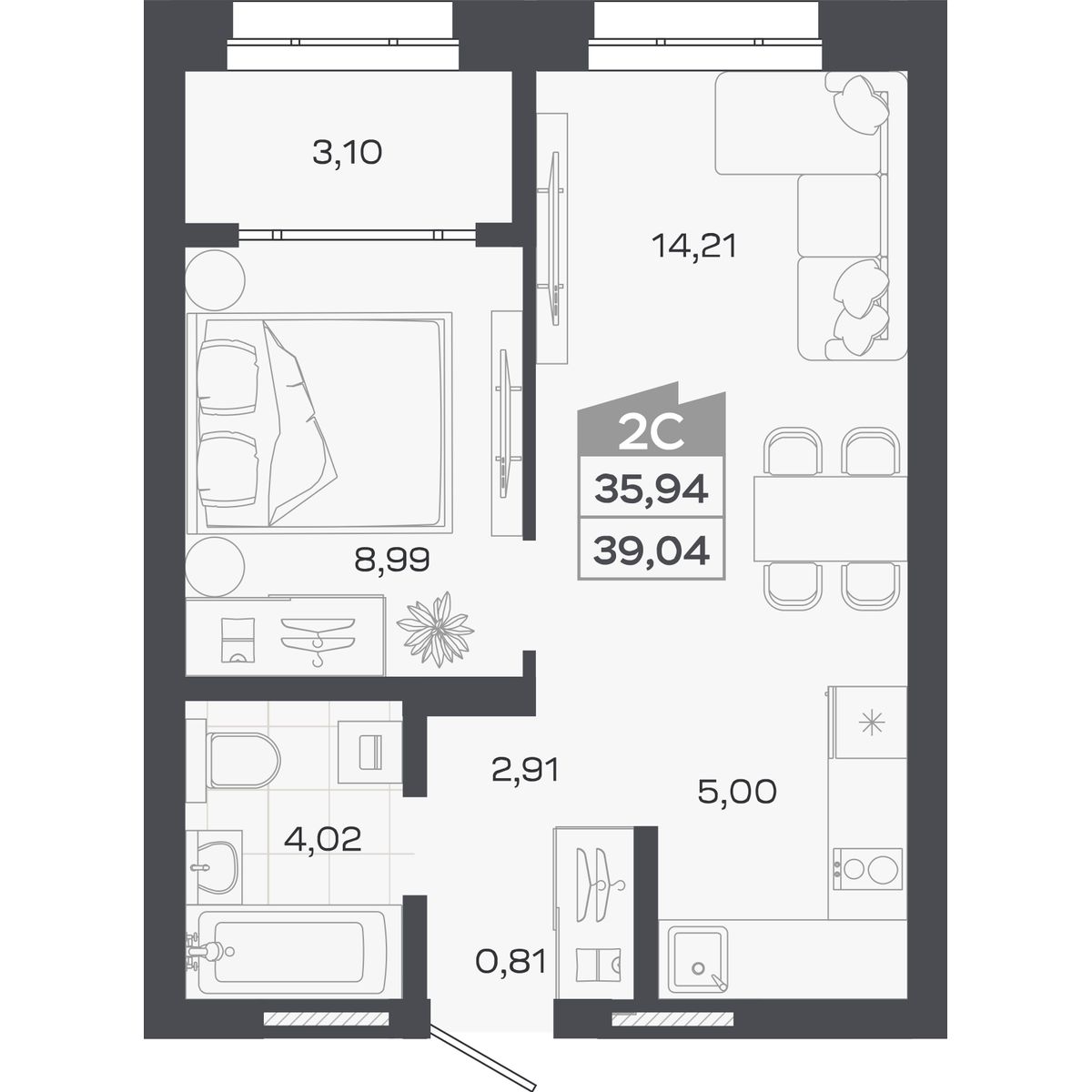Планировка: Евро-2, 35,94 м²