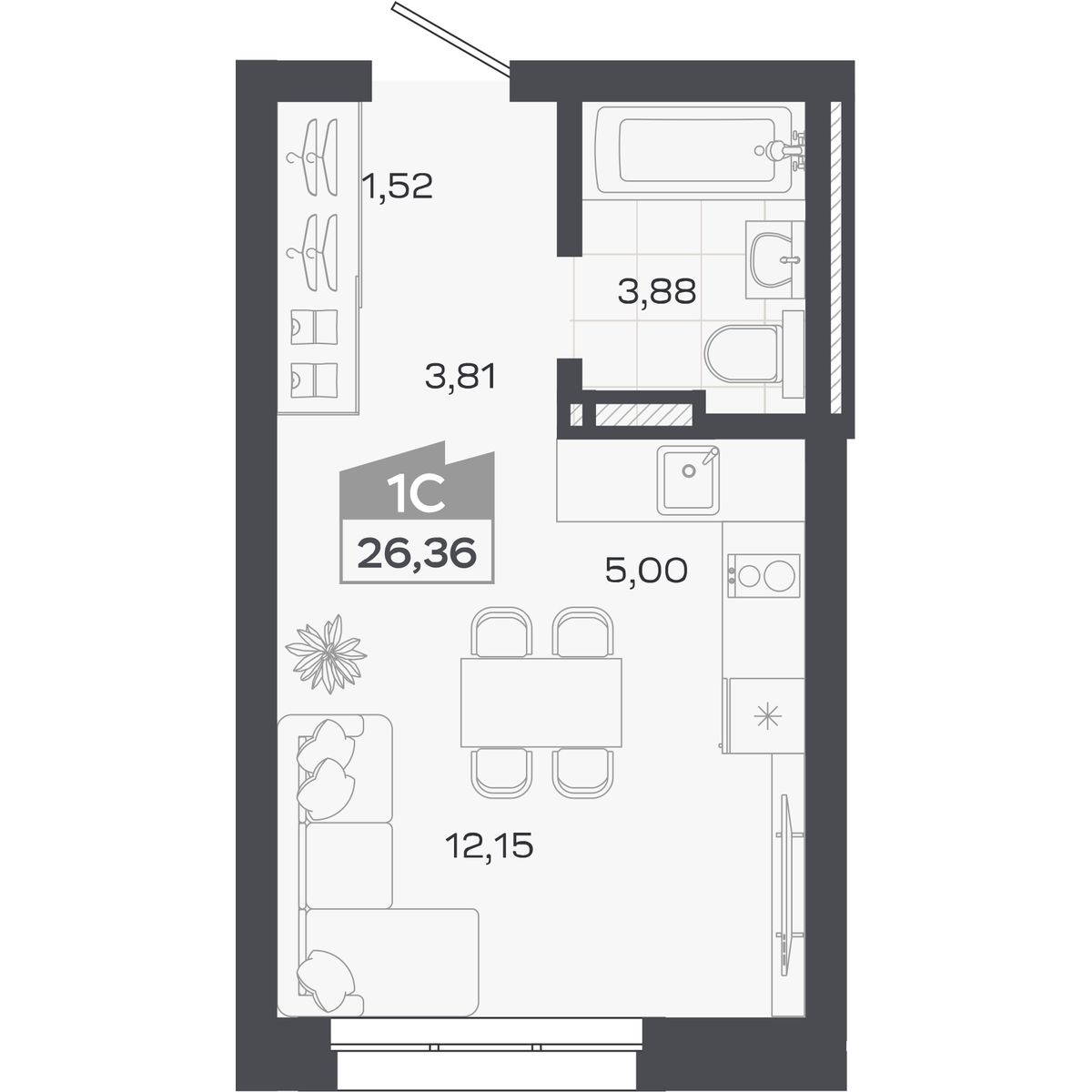 Планировка: Студия, 26,36 м²