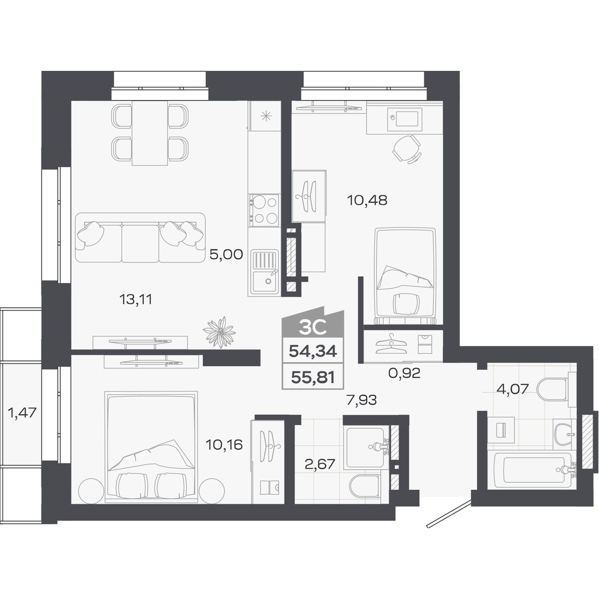 Планировка: Евро-3, 54,34 м²