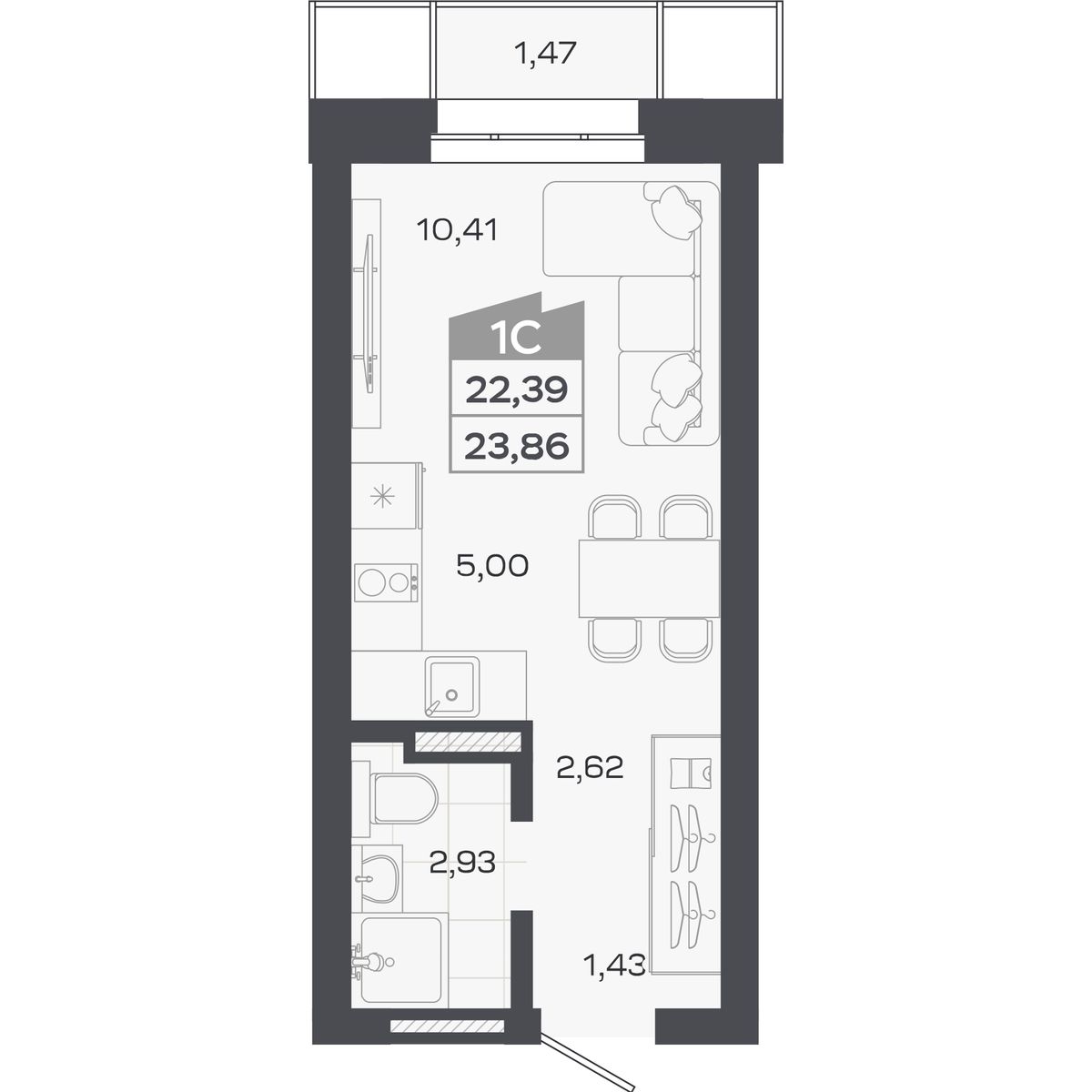 Планировка: Студия, 22,39 м²