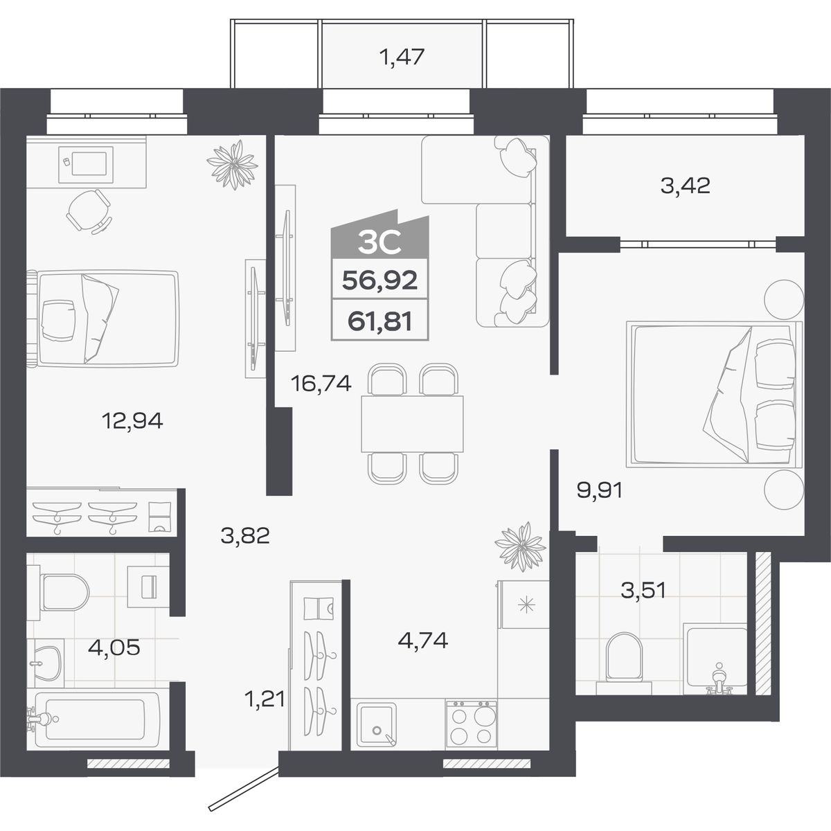 Планировка: Евро-3, 56,92 м²