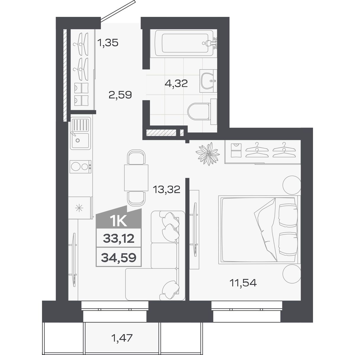 Планировка: 1-комнатная, 33,12 м²
