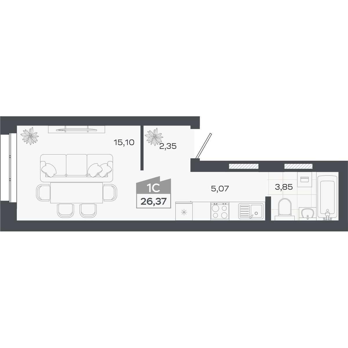 Планировка: Студия, 26,37 м²