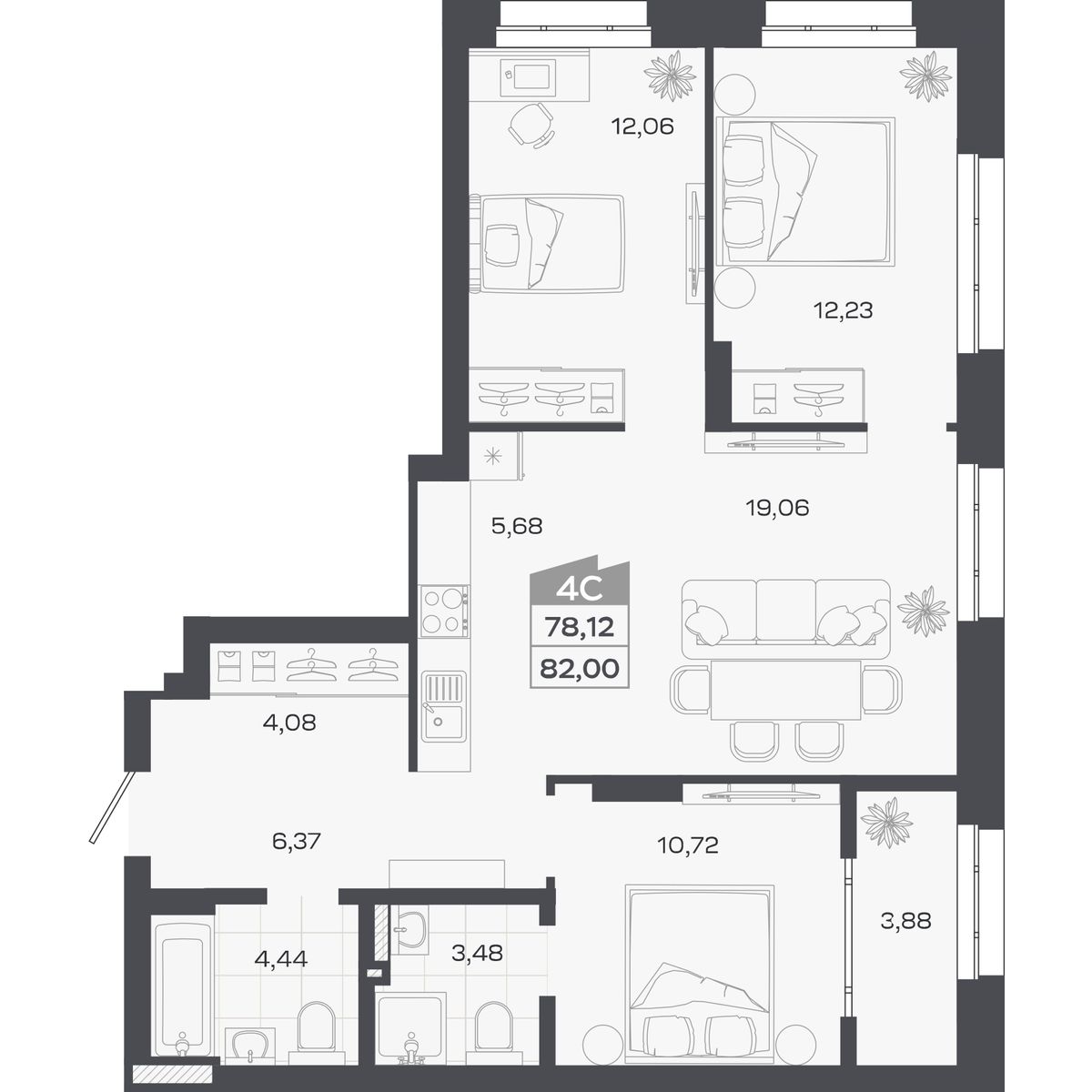 Планировка: Евро-4, 78,12 м²