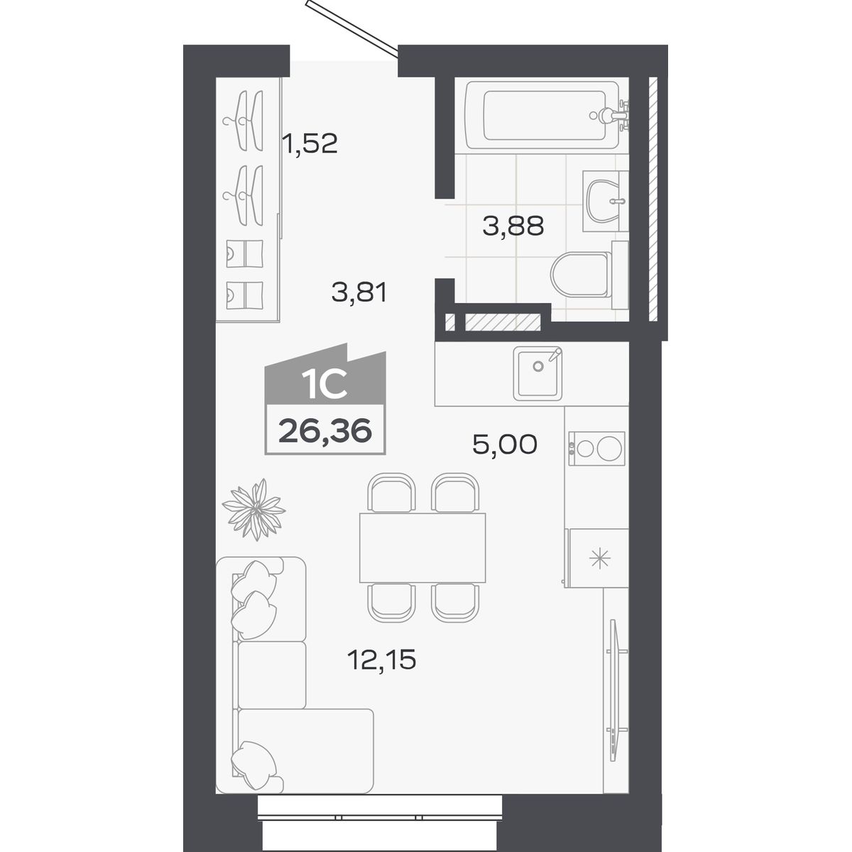 Планировка: Студия, 26,36 м²