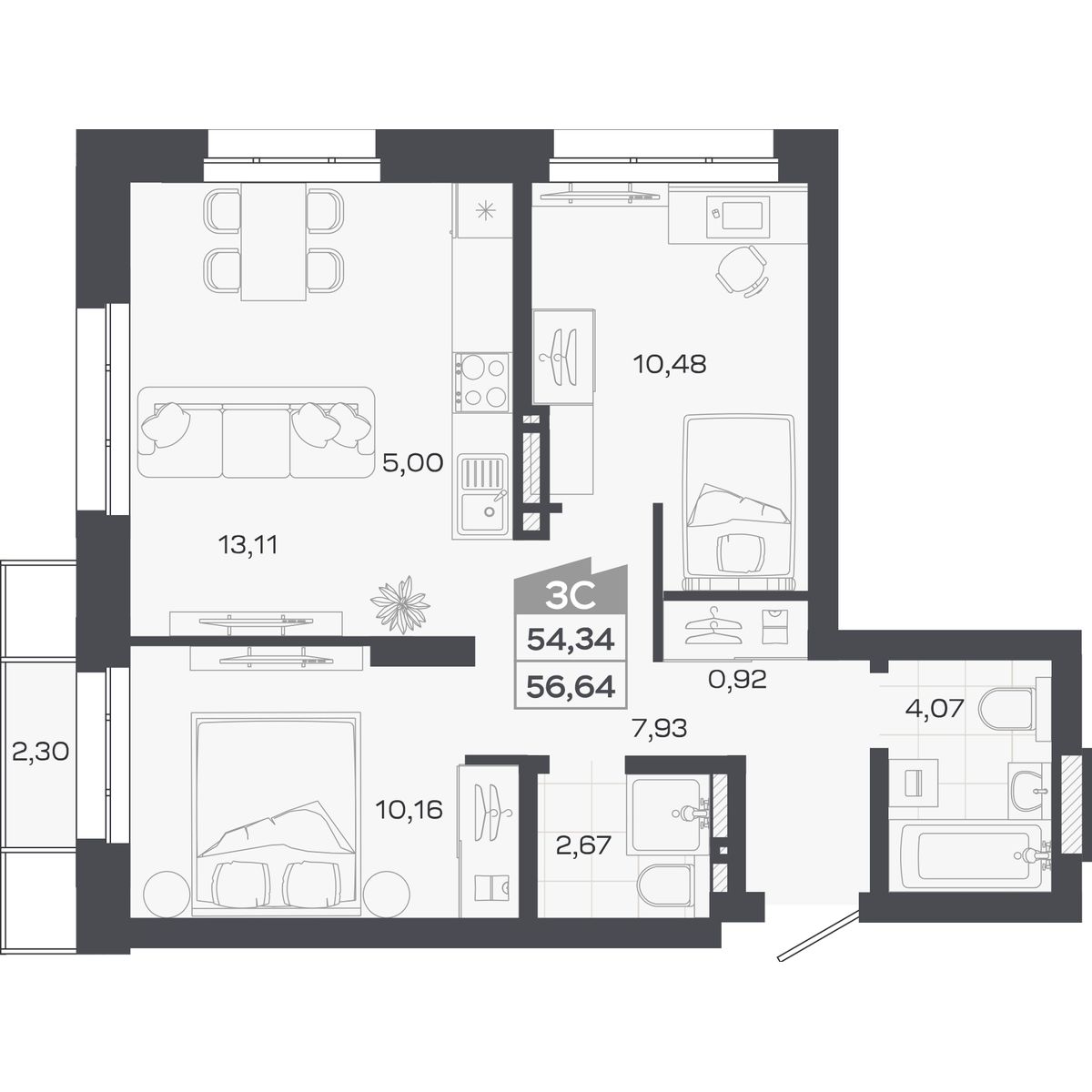 Планировка: Евро-3, 54,34 м²