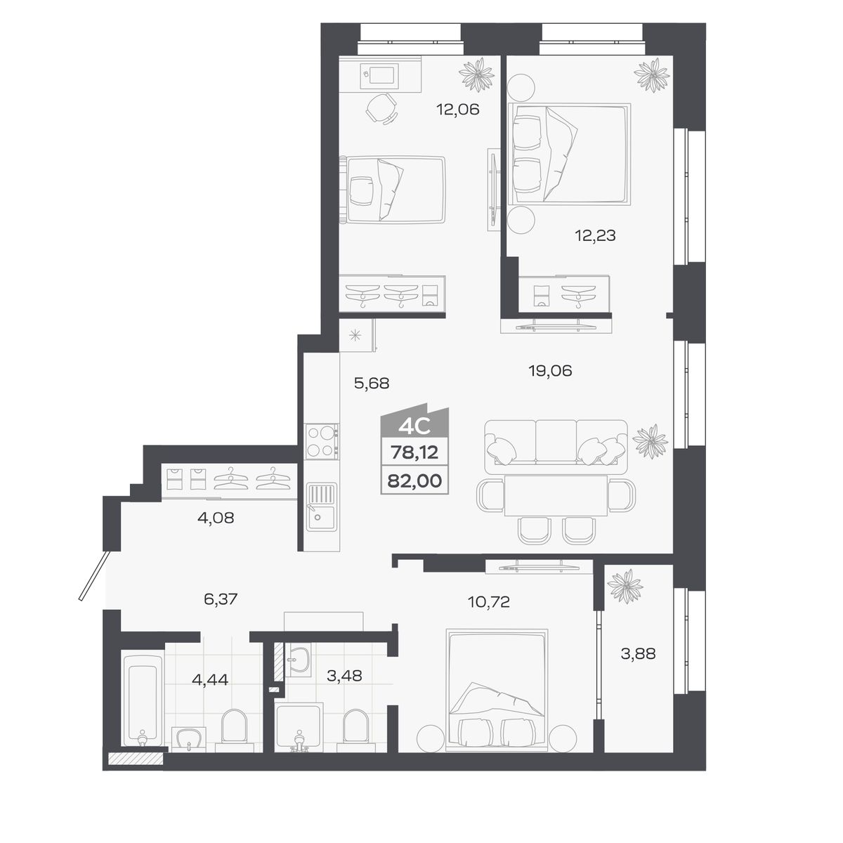 Планировка: Евро-4, 78,12 м²