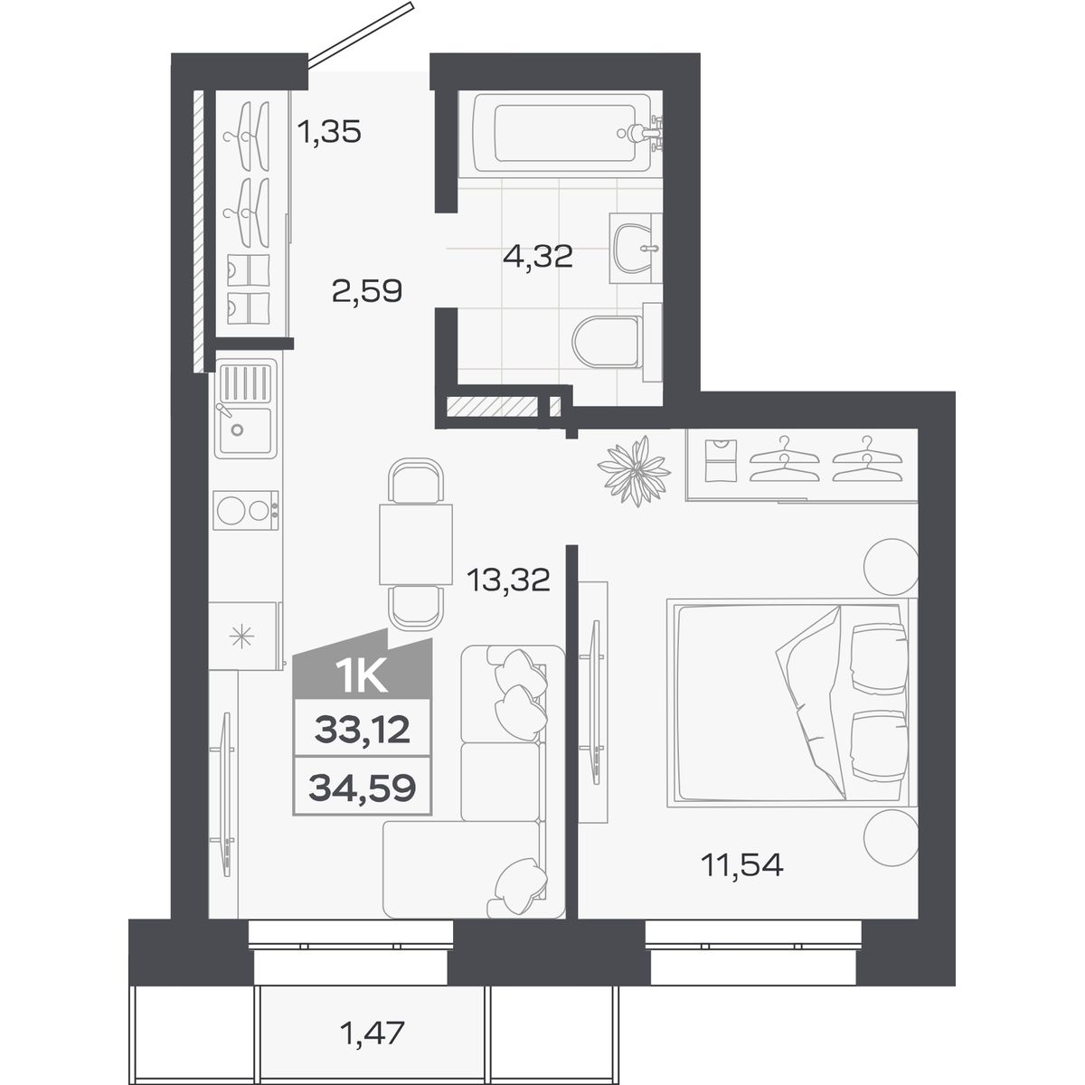Планировка: 1-комнатная, 33,12 м²