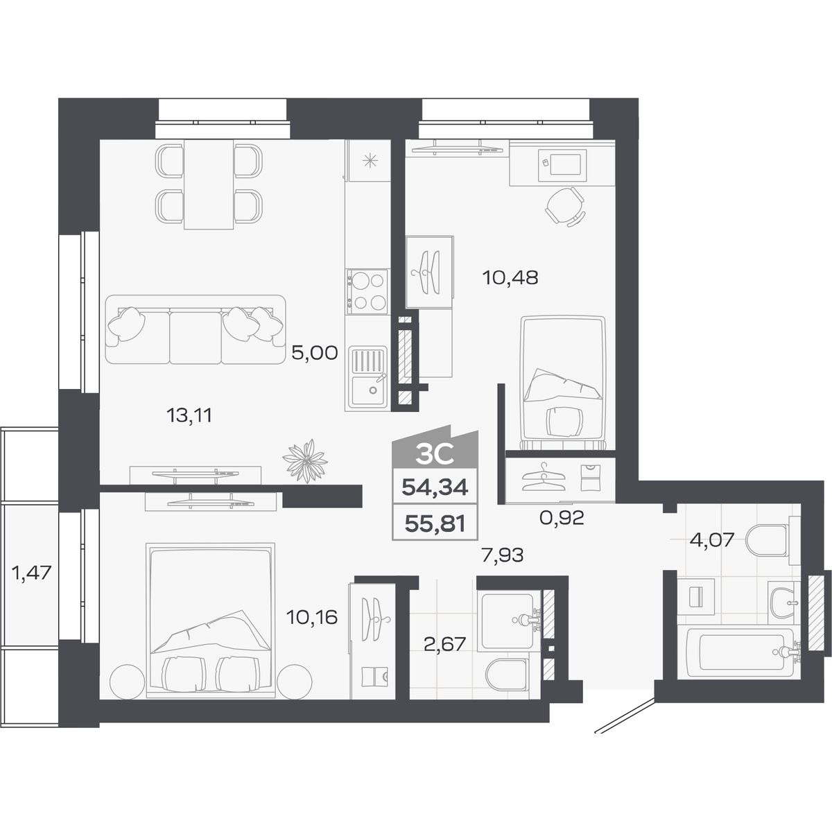 Планировка: Евро-3, 54,34 м²