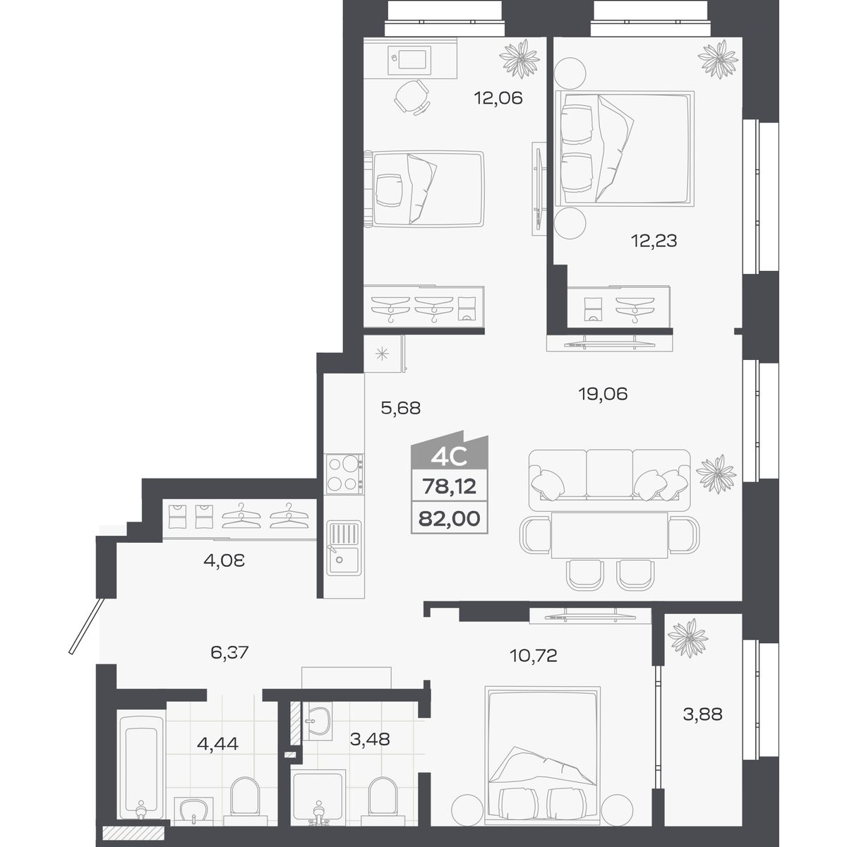Планировка: Евро-4, 78,12 м²