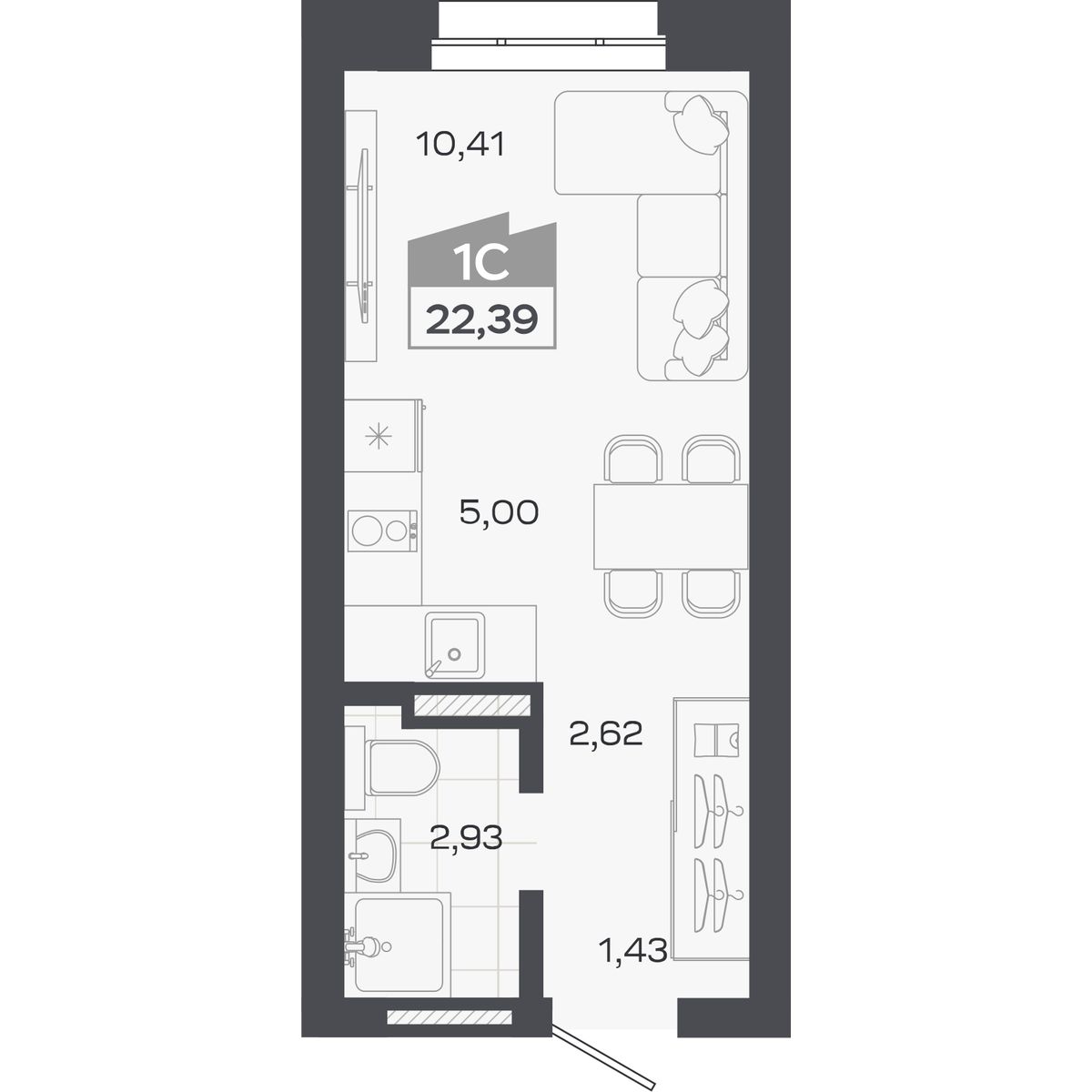 Планировка: Студия, 22,39 м²