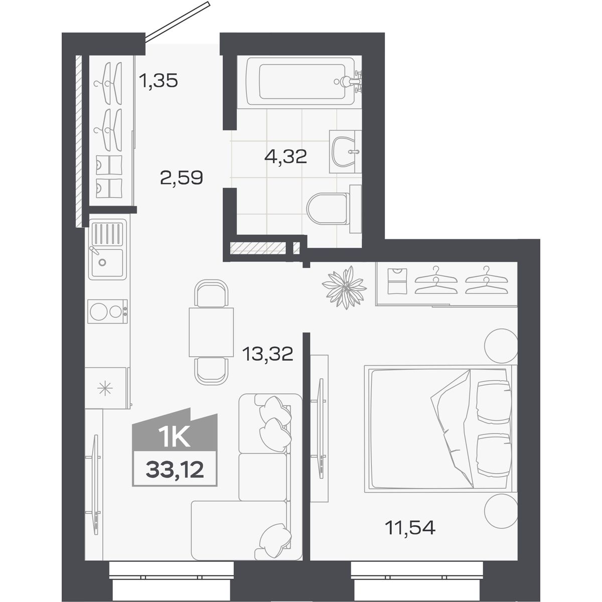 Планировка: 1-комнатная, 33,12 м²