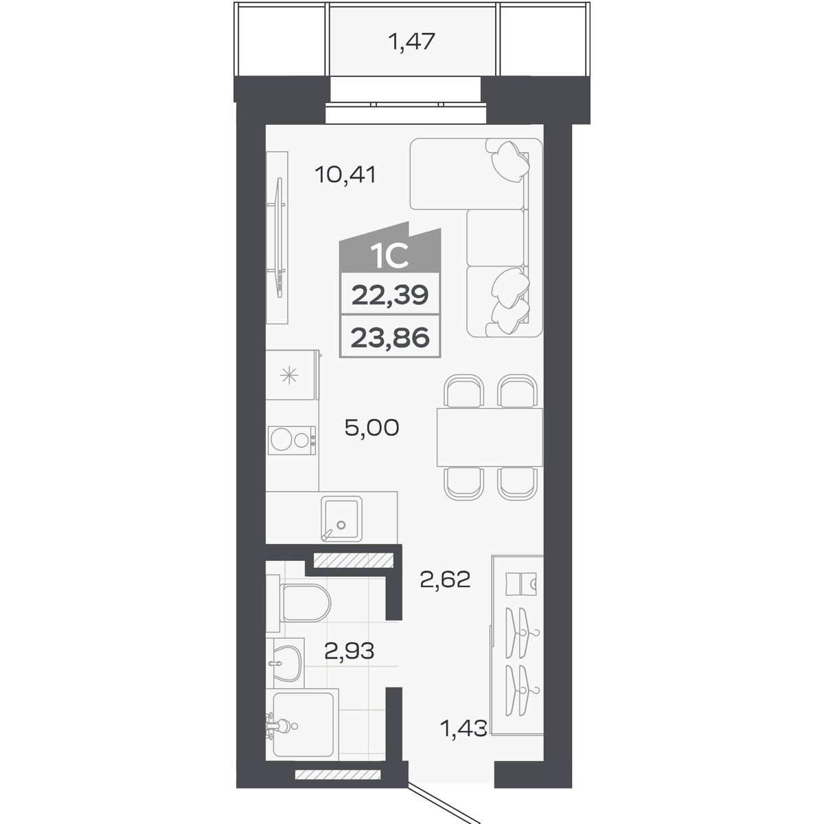 Планировка: Студия, 22,39 м²