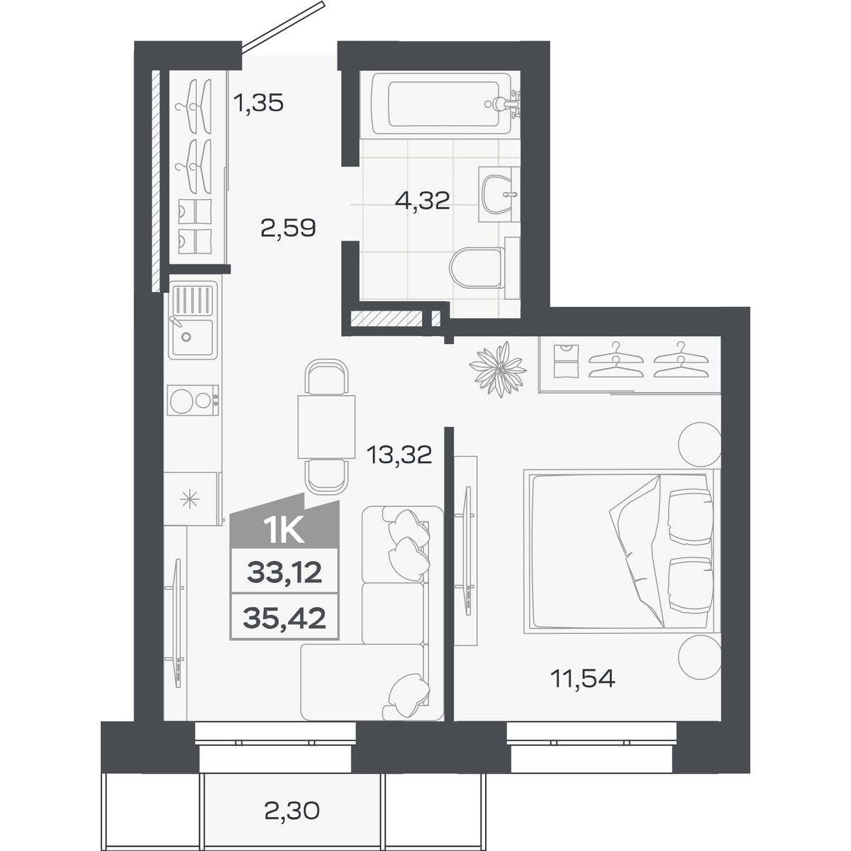 Планировка: 1-комнатная, 33,12 м²