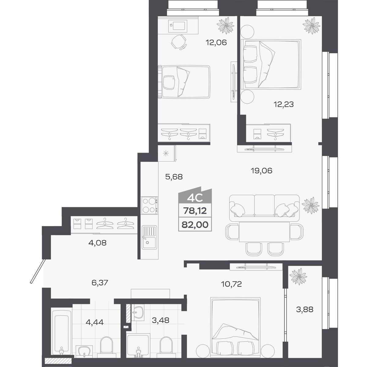 Планировка: Евро-4, 78,12 м²