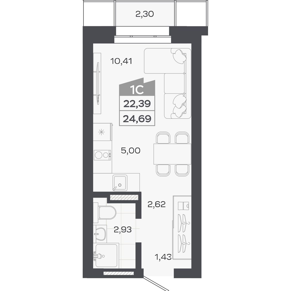 Планировка: Студия, 22,39 м²