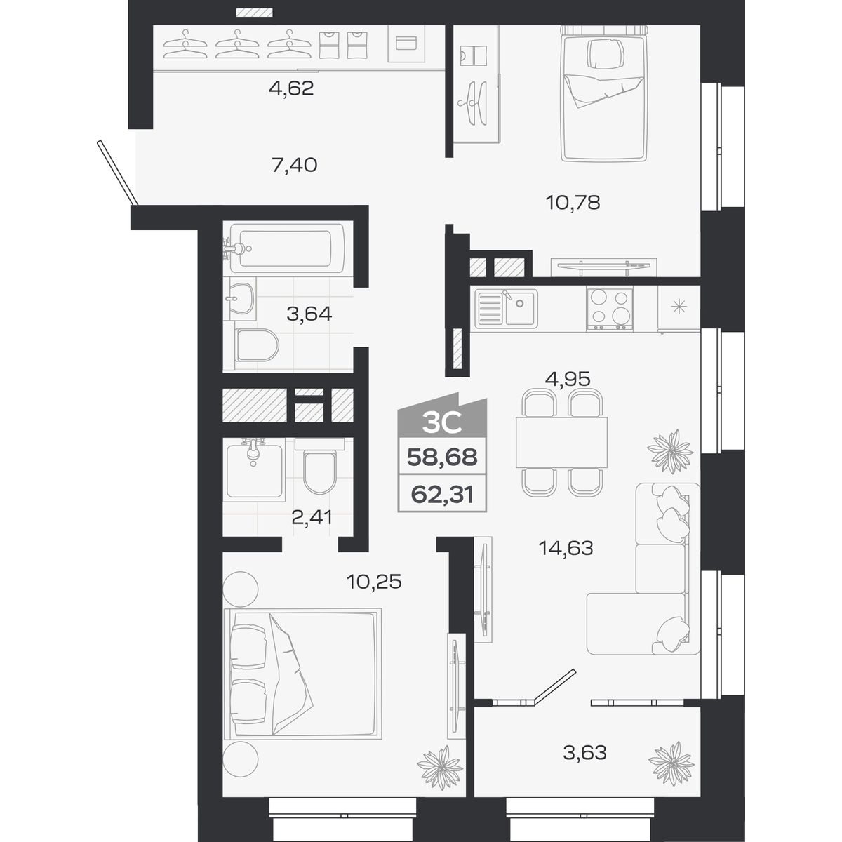 Планировка: Евро-3, 58,68 м²
