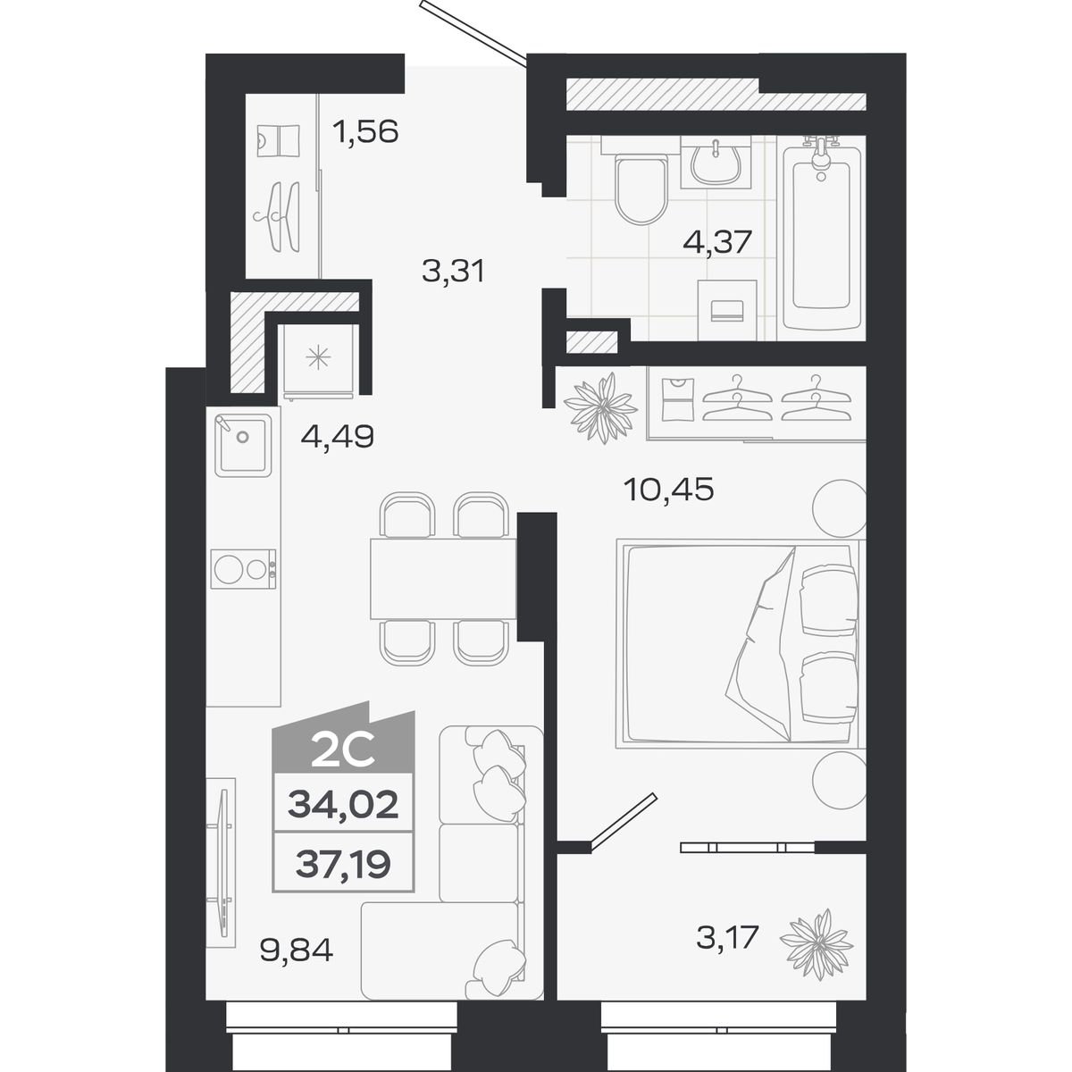 Планировка: Евро-2, 34,02 м²