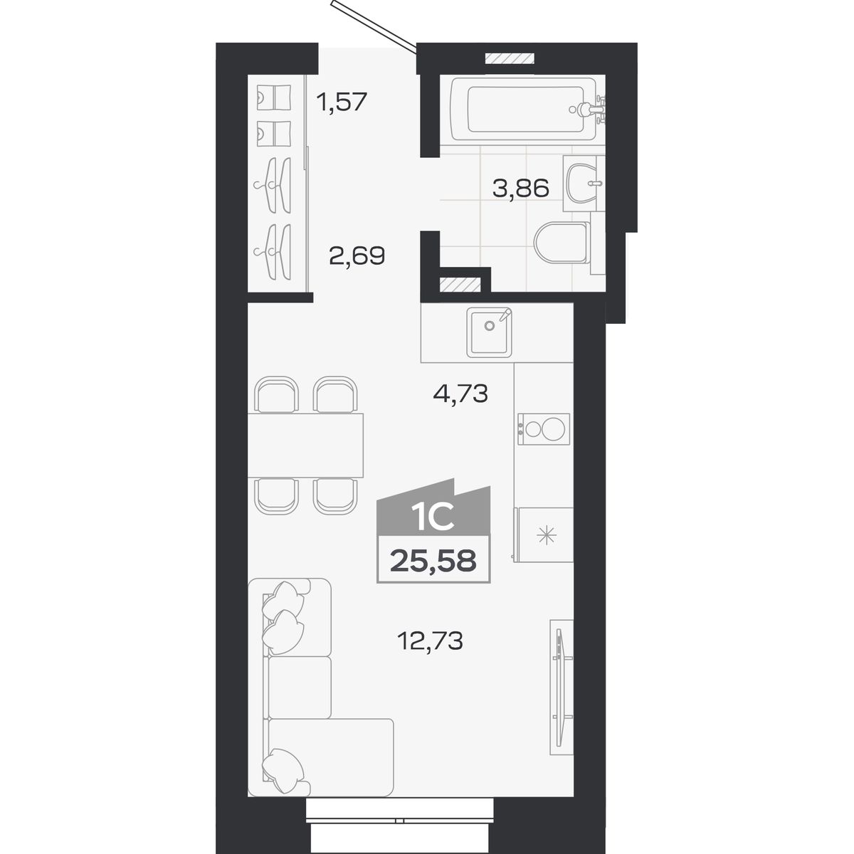 Планировка: Студия, 25,58 м²