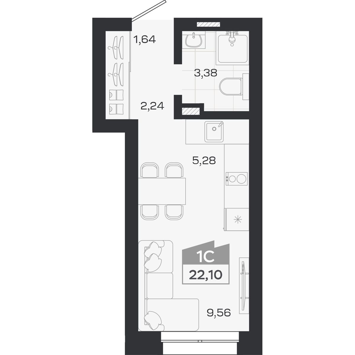 Планировка: Студия, 22,1 м²