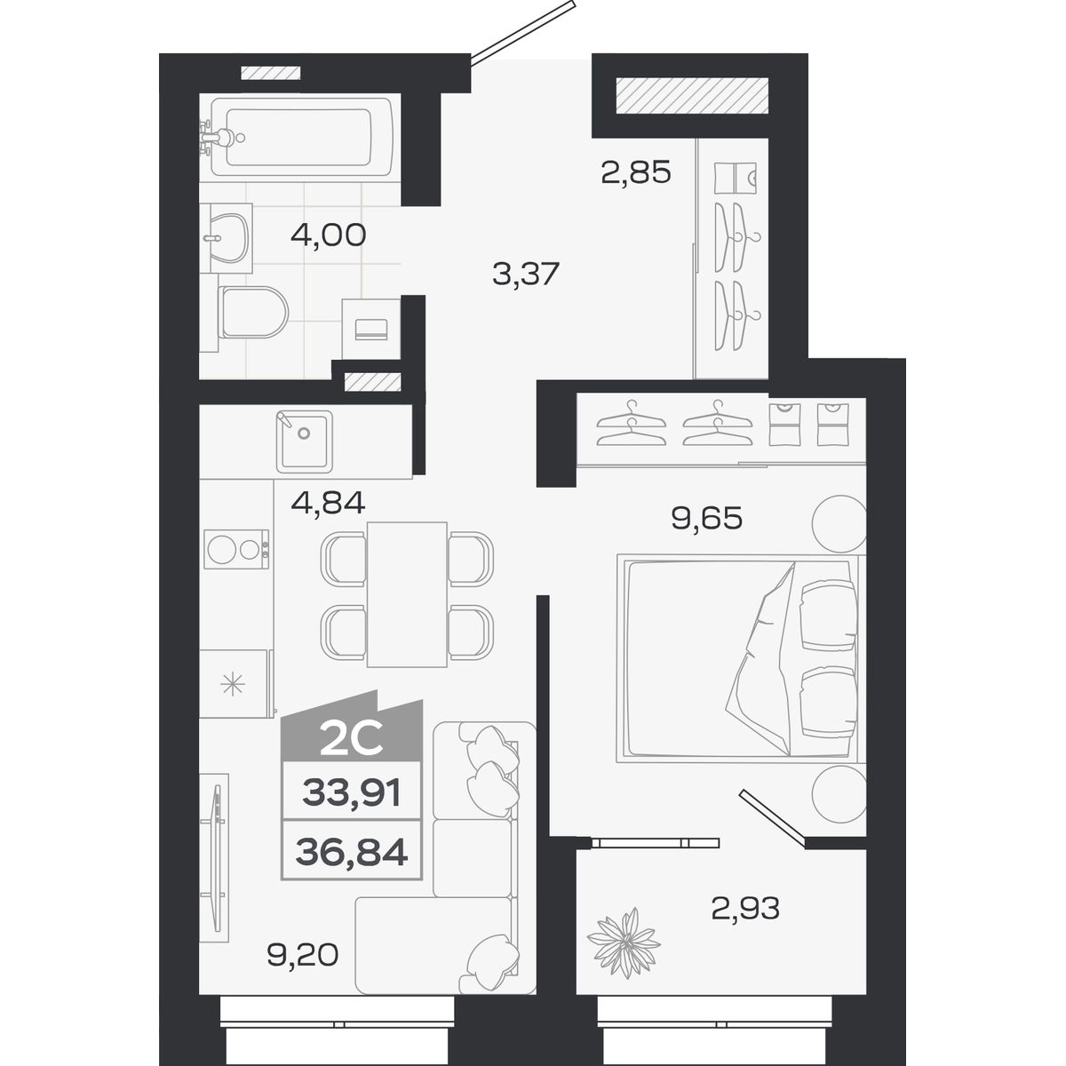 Планировка: Евро-2, 33,91 м²