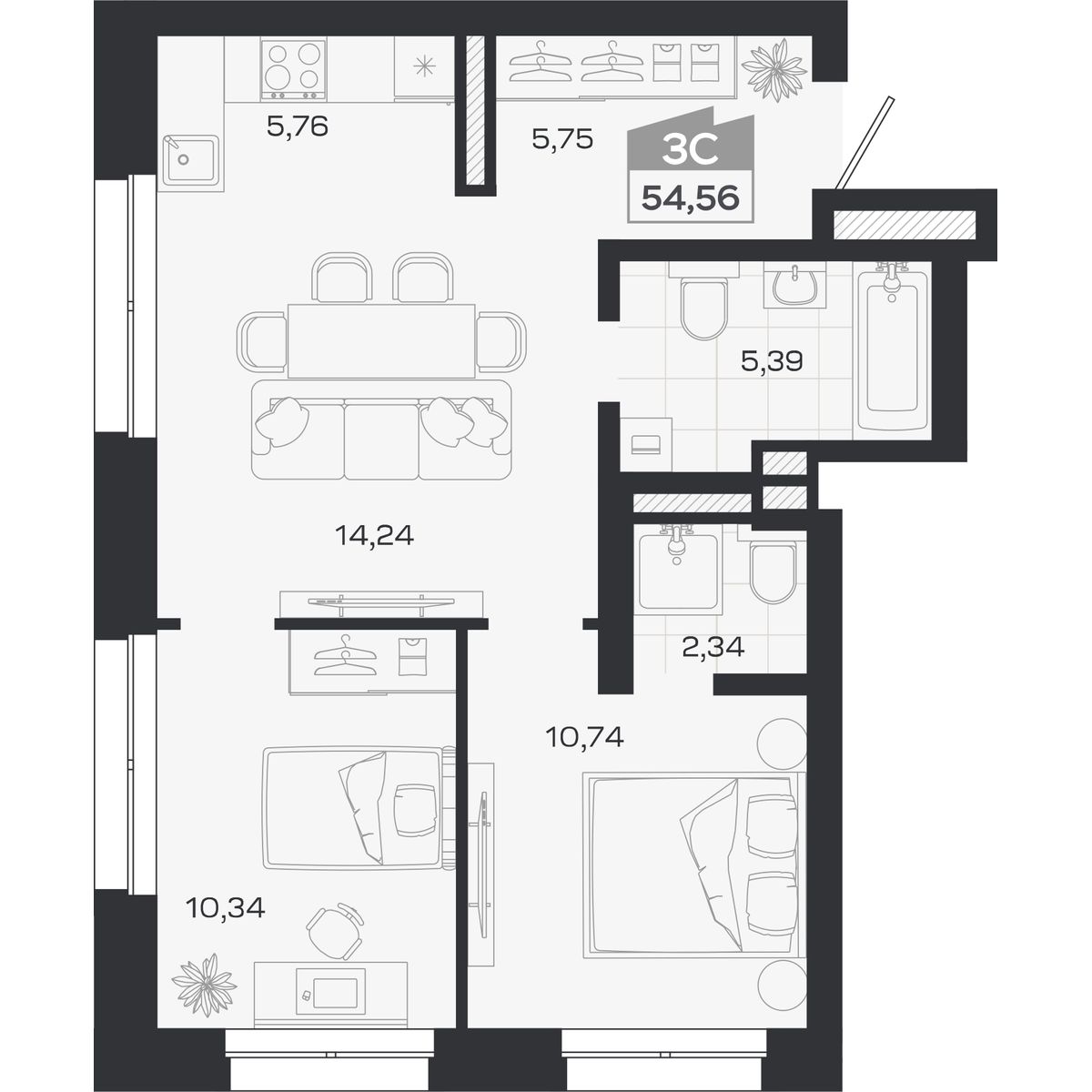 Планировка: Евро-3, 54,56 м²