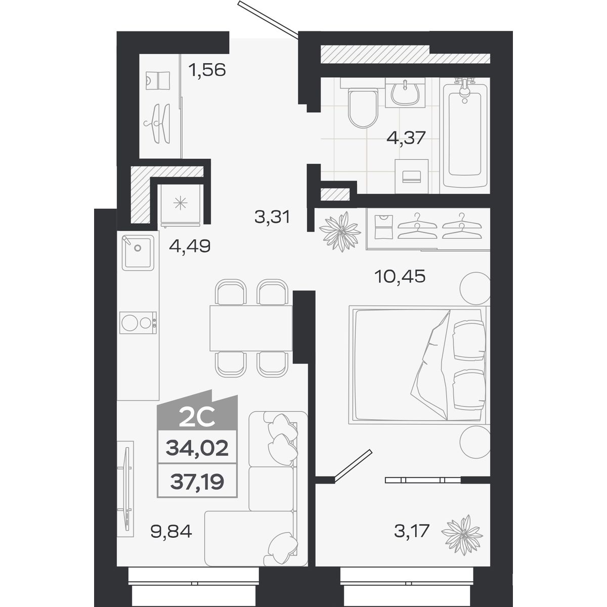 Планировка: Евро-2, 34,02 м²