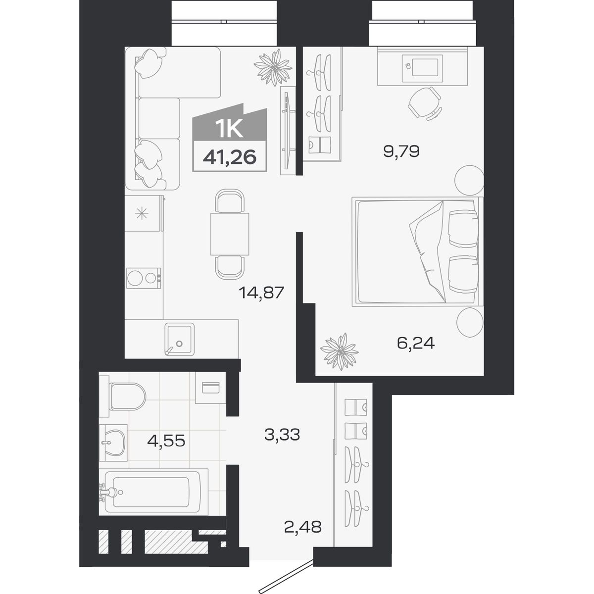 Планировка: 1-комнатная, 41,26 м²
