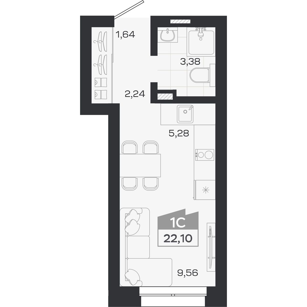 Планировка: Студия, 22,1 м²