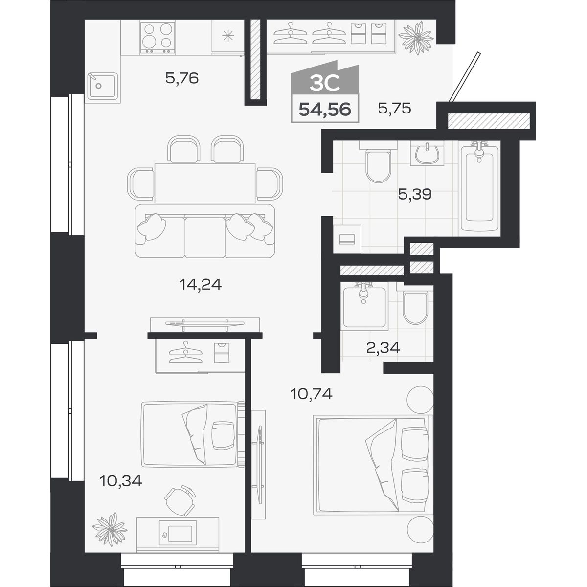 Планировка: Евро-3, 54,56 м²