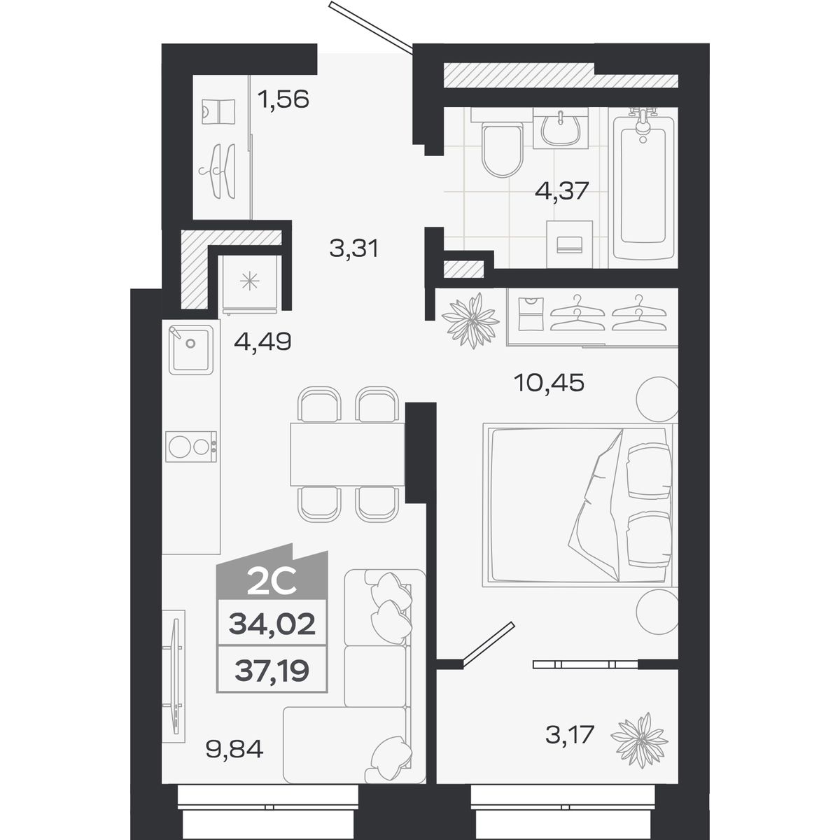 Планировка: Евро-2, 34,02 м²