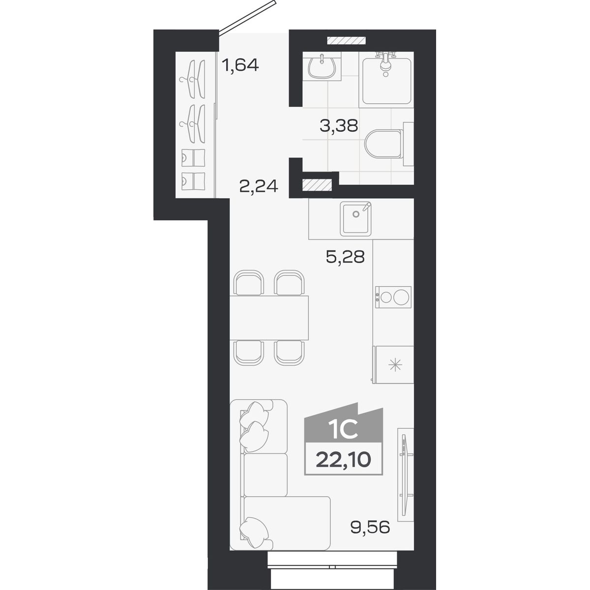 Планировка: Студия, 22,1 м²