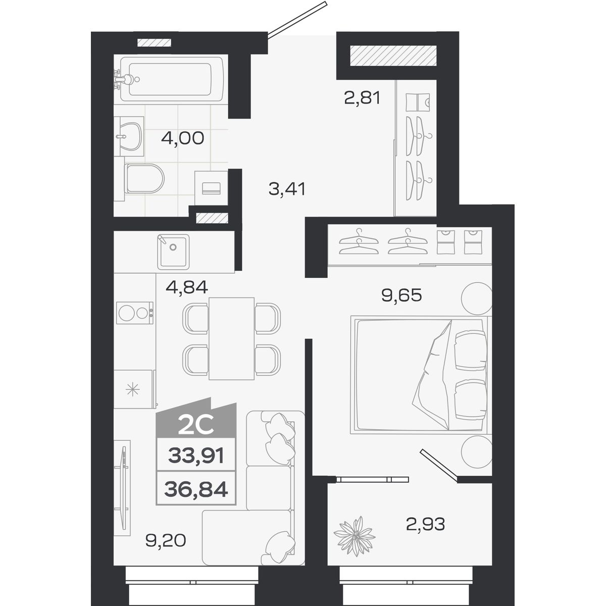 Планировка: Евро-2, 33,91 м²