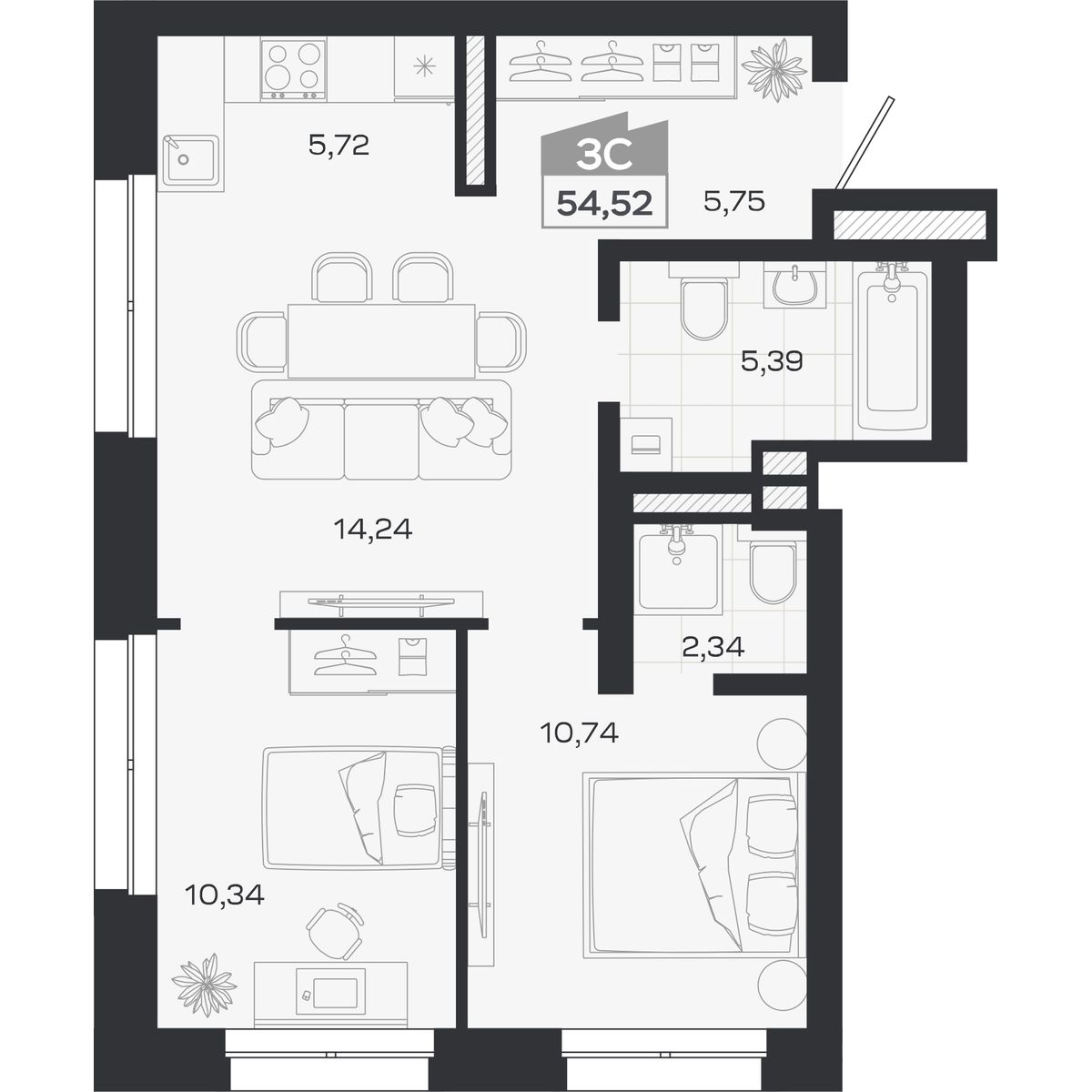 Планировка: Евро-3, 54,52 м²