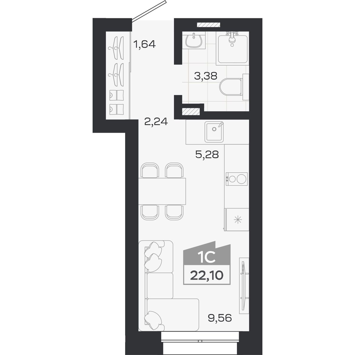 Планировка: Студия, 22,1 м²