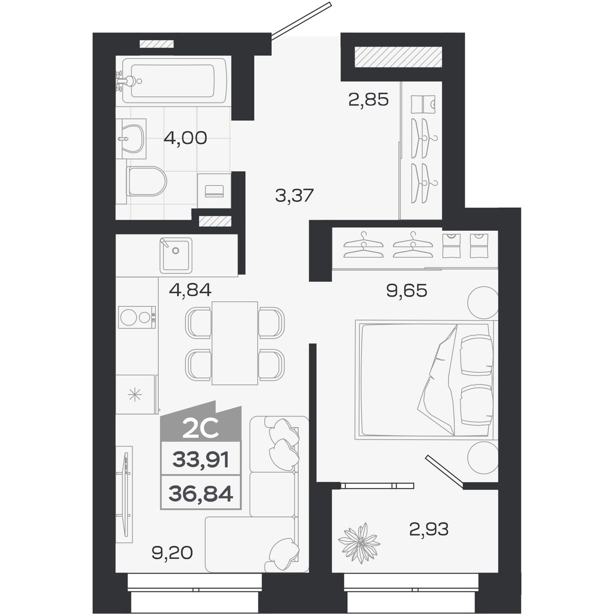 Планировка: Евро-2, 33,91 м²