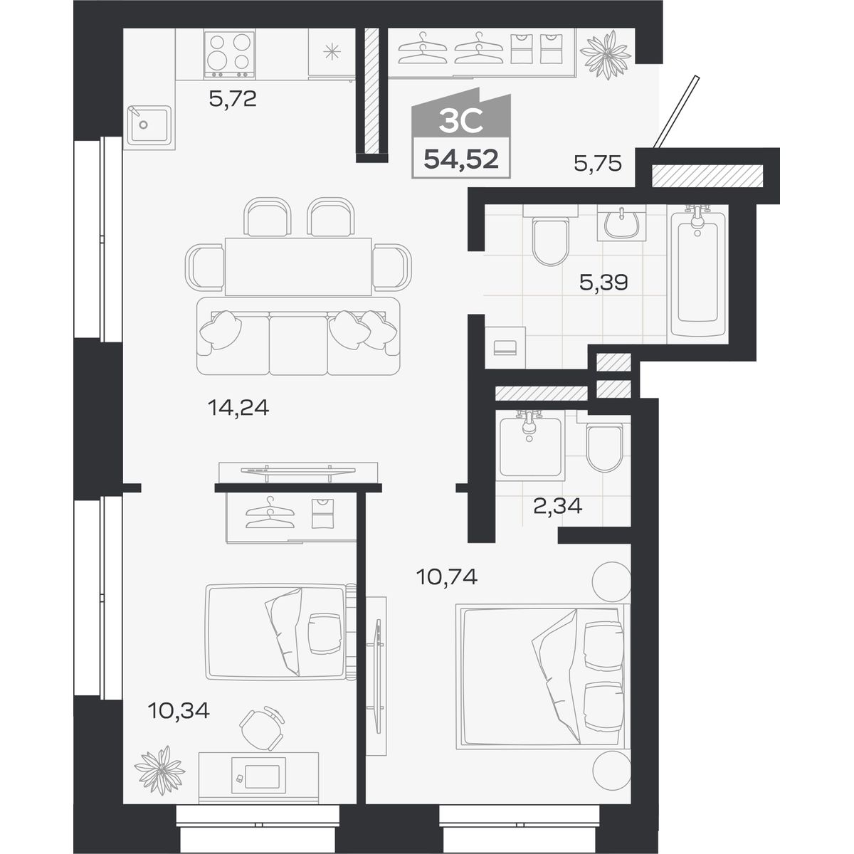 Планировка: Евро-3, 54,52 м²