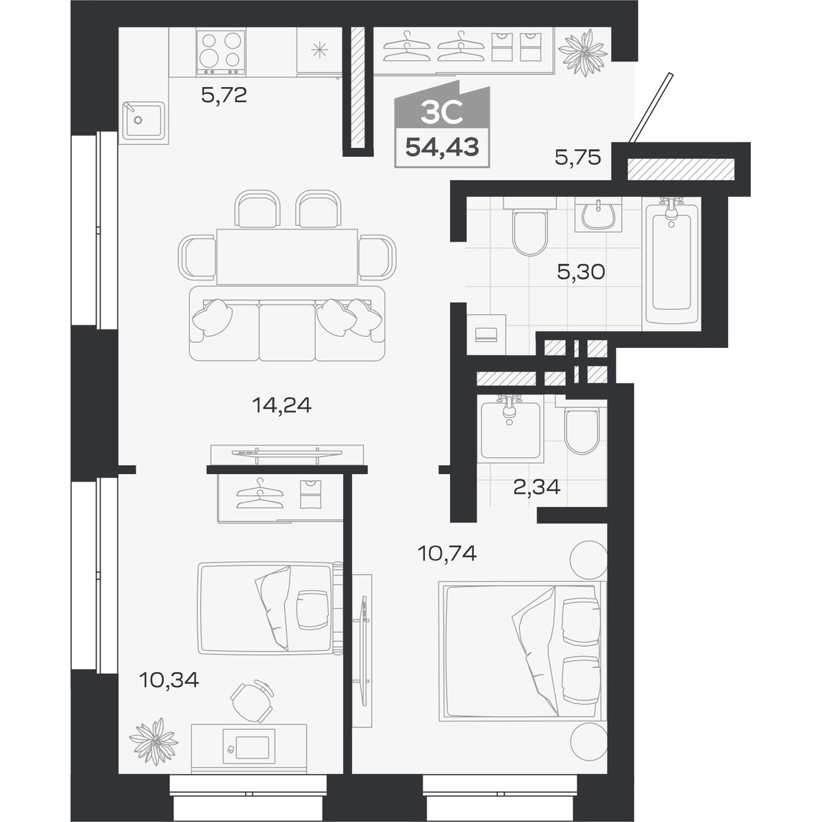 Планировка: Евро-3, 54,43 м²