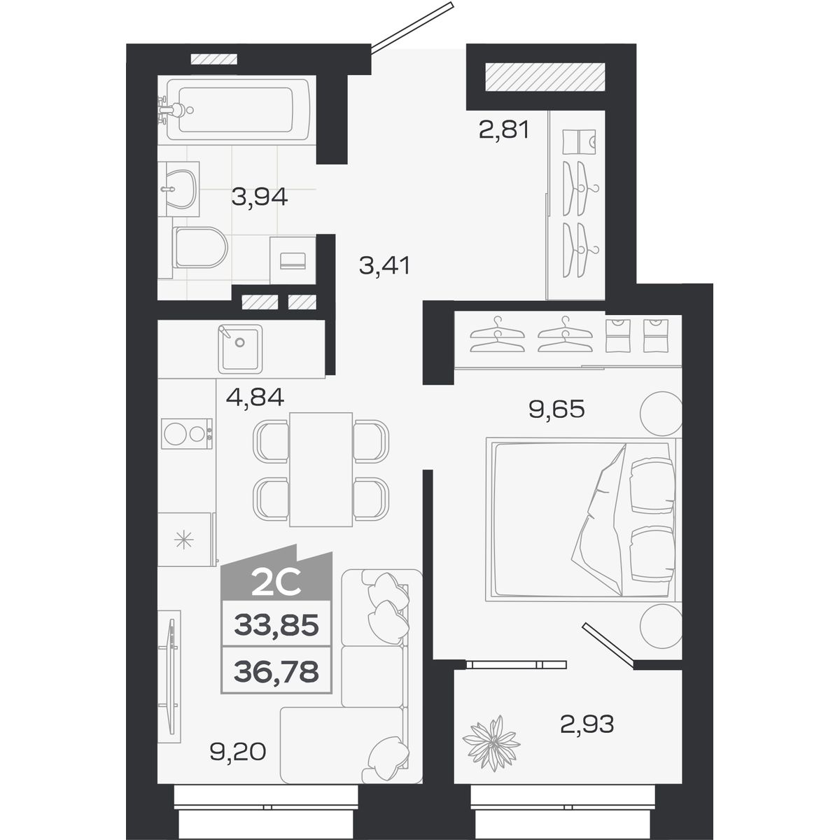 Планировка: Евро-2, 33,85 м²