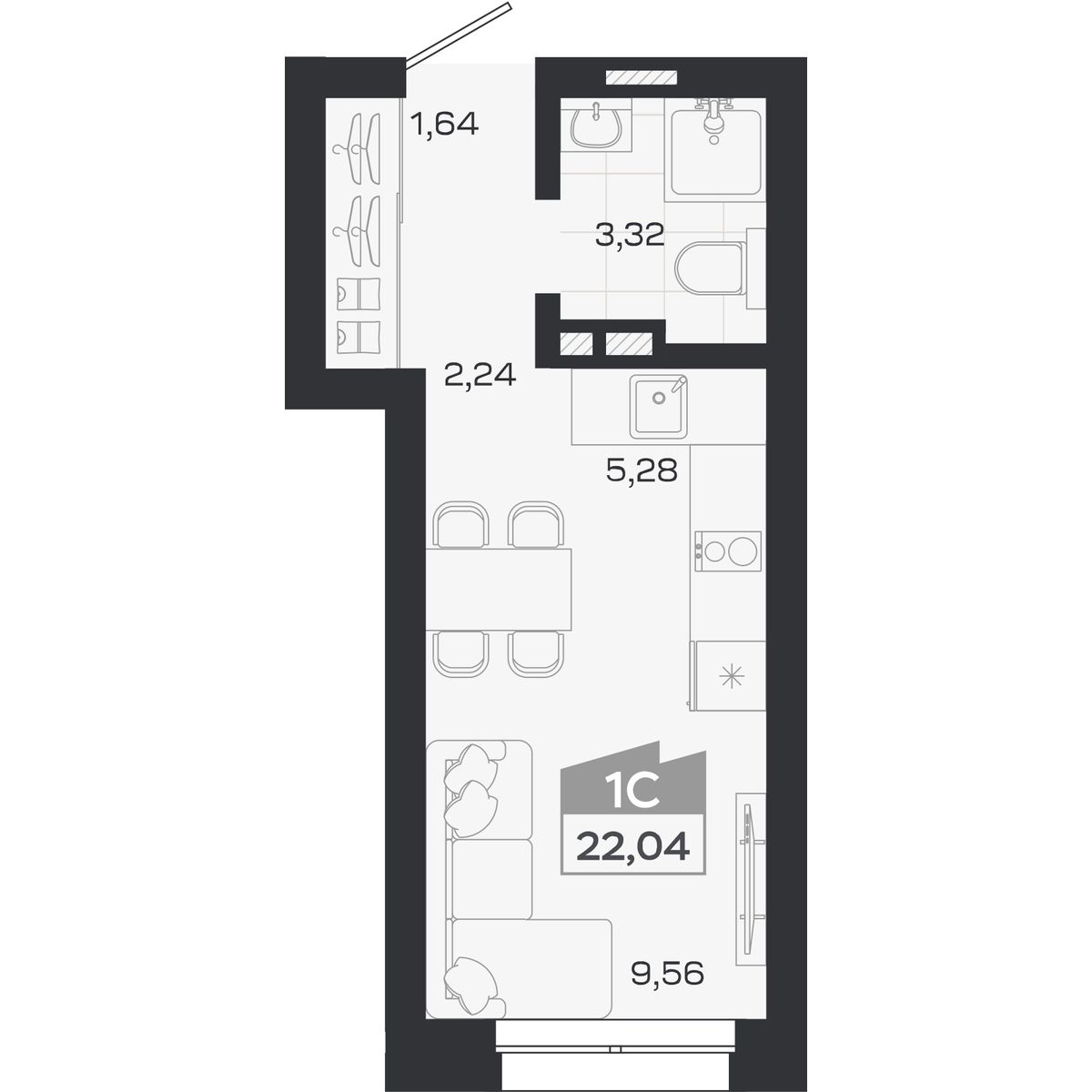 Планировка: Студия, 22,04 м²