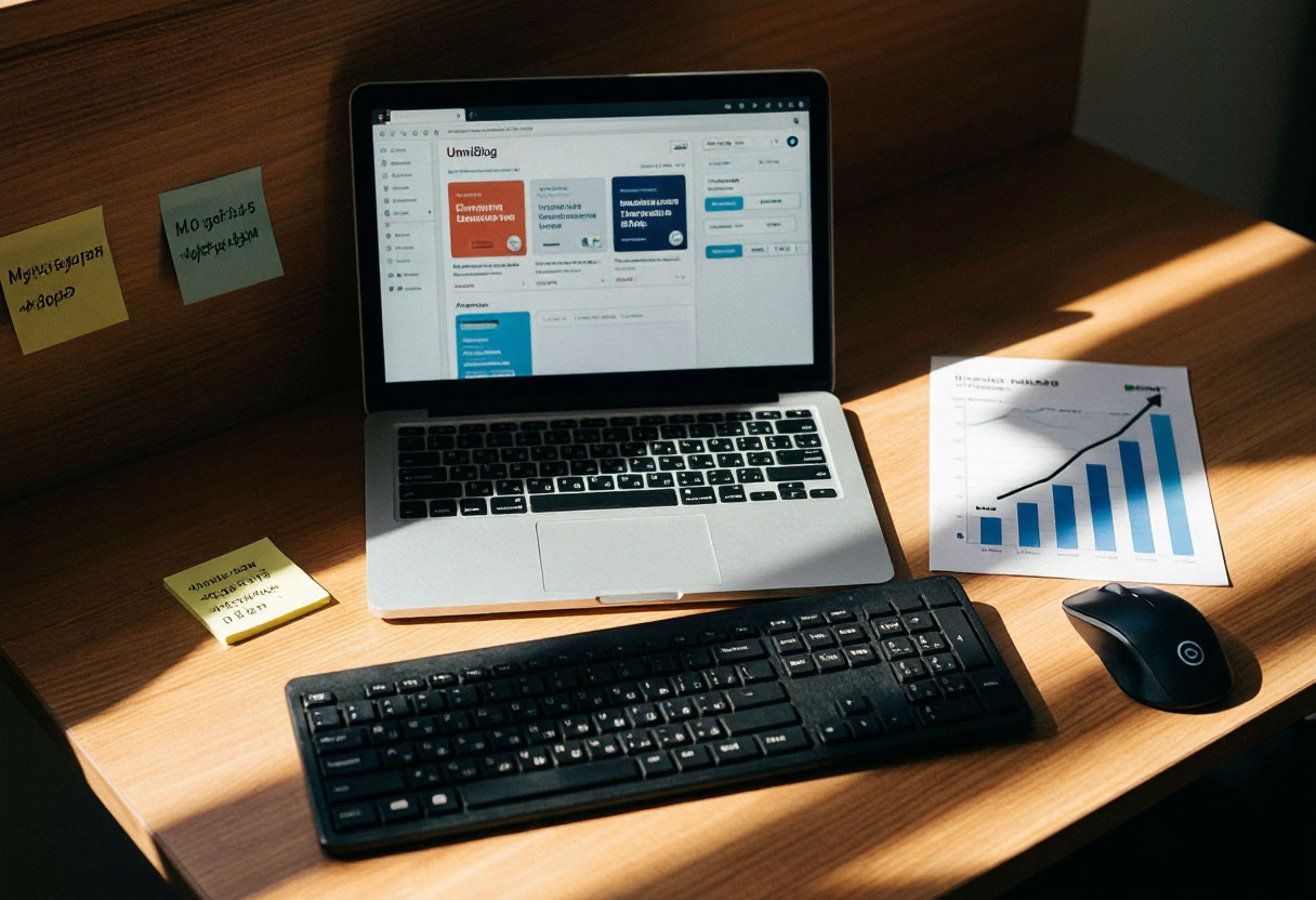 На изображении показано, как автоматизированное SEO-продвижение блога с помощью UmniBlog упрощает создание контента и повышает видимость сайта.