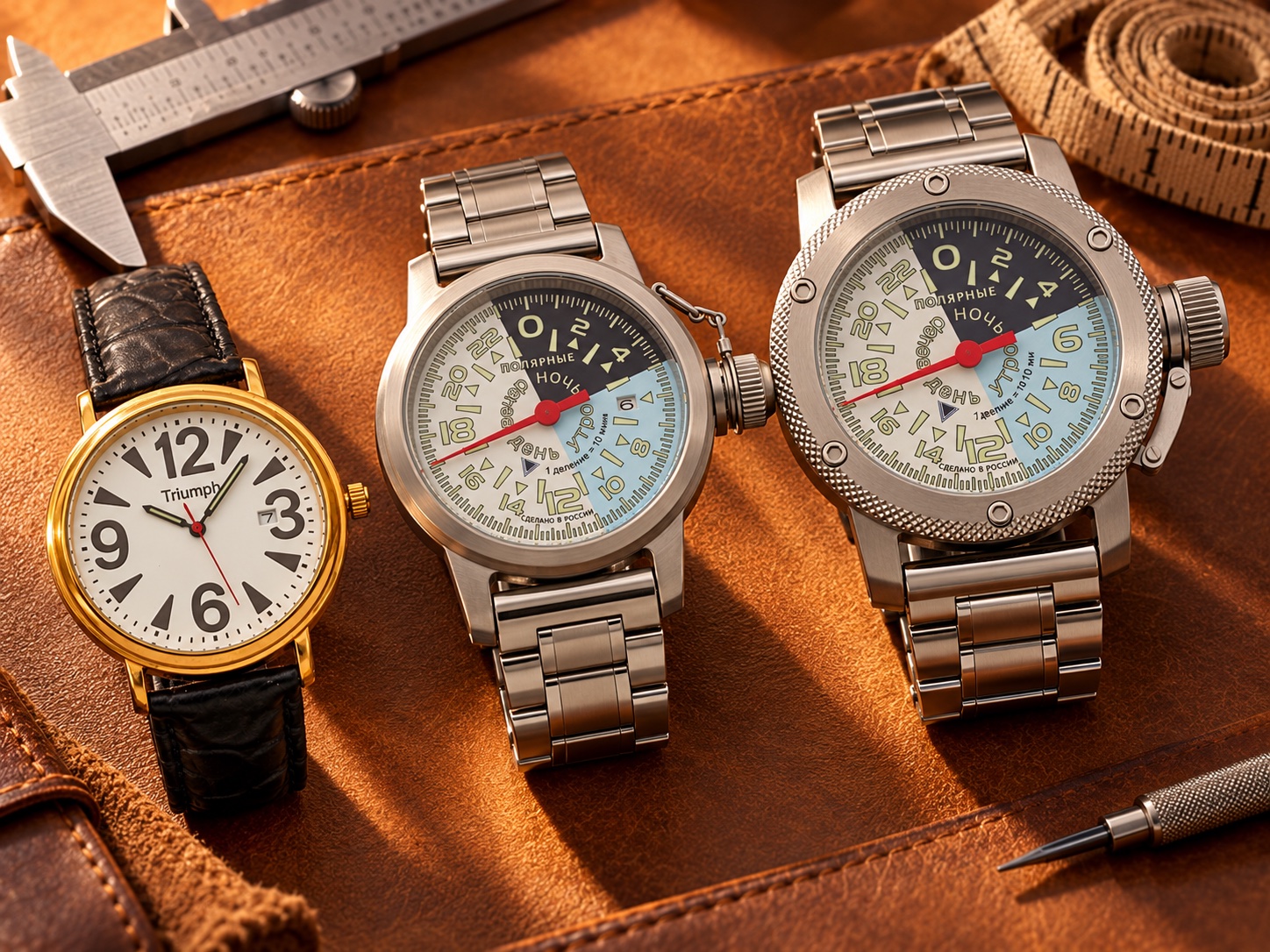 Три модели Watch Triumph на столе часовщика: сравнение размеров корпуса