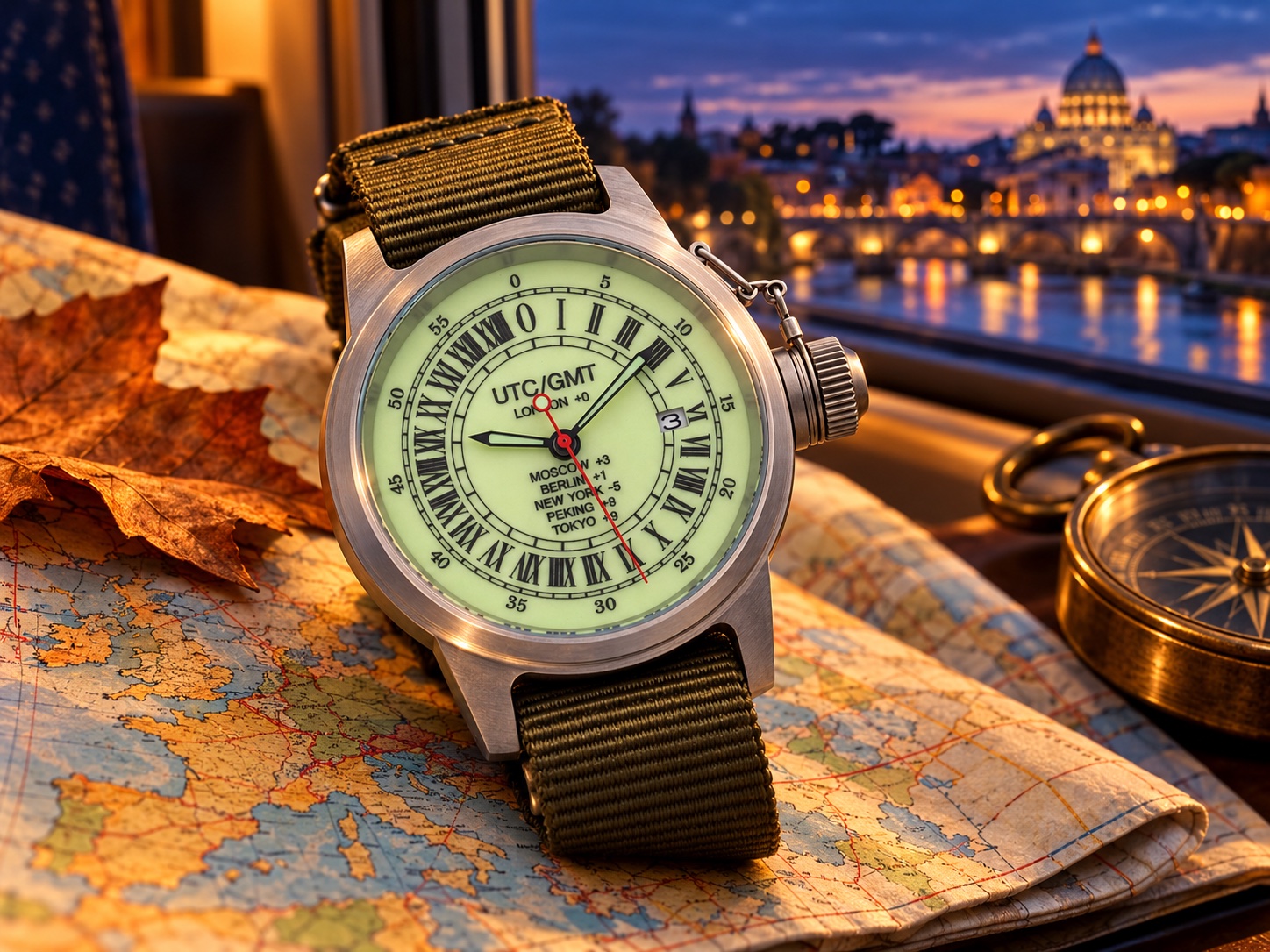 Часы UTC / GMT Watch Triumph на карте Европы в осенней композиции