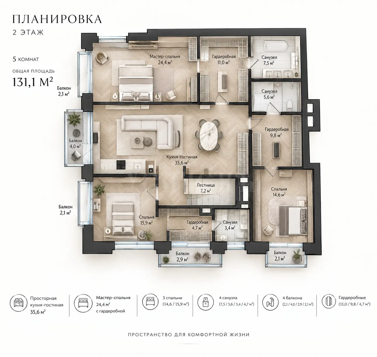 5-комнатная квартира 300 м² в ЖК «Клубный дом Обыденский №1»