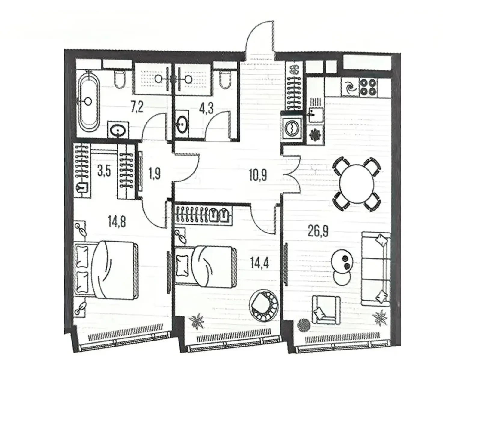 3-комнатная квартира 83,9 м² в ЖК «HIGH LIFE»