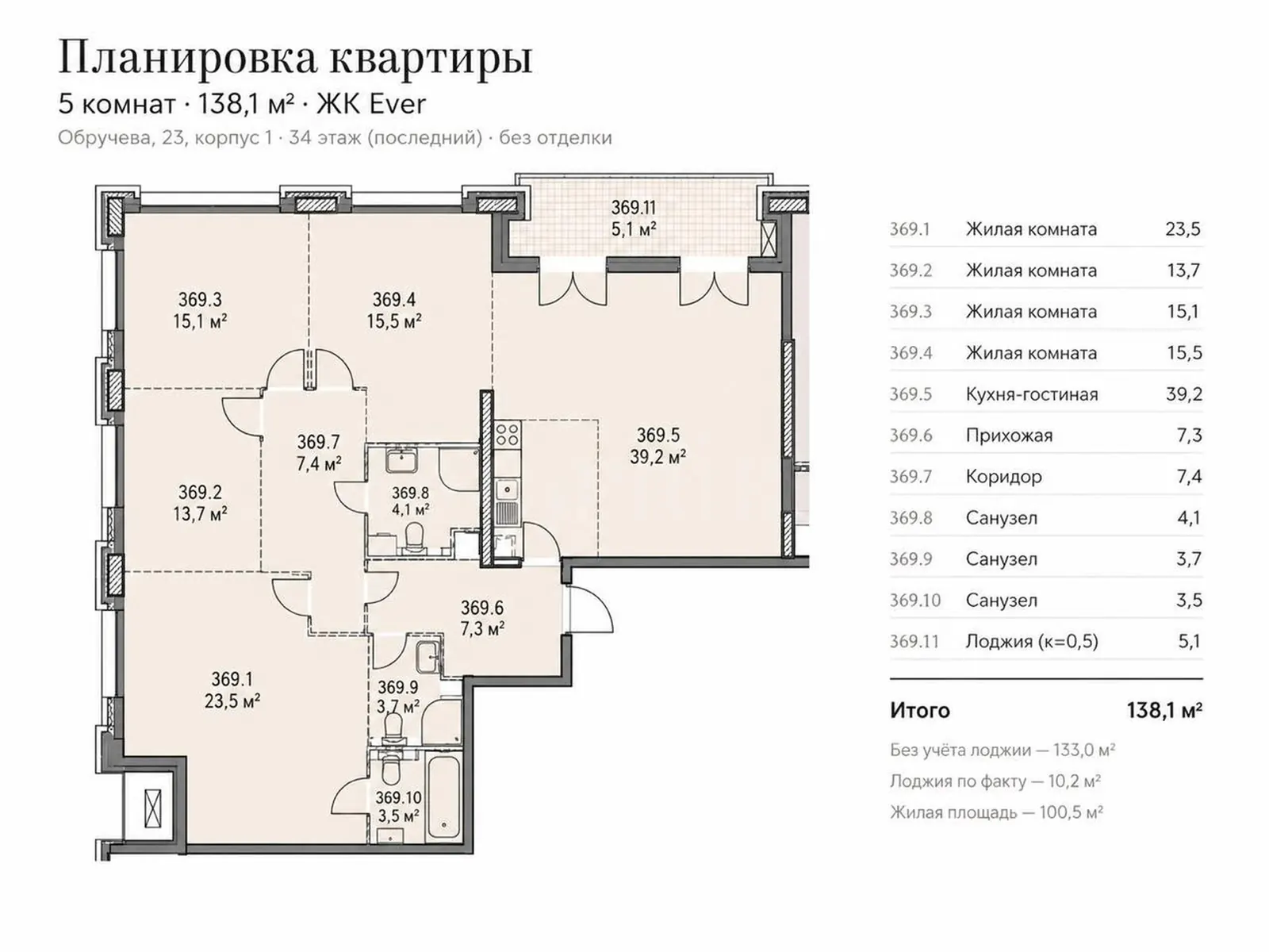 5-комнатная квартира 133,3 м² в ЖК «Ever»