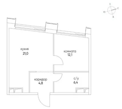 1-комнатная квартира 44,3 м² в ЖК «Остров квартал 8 к1»