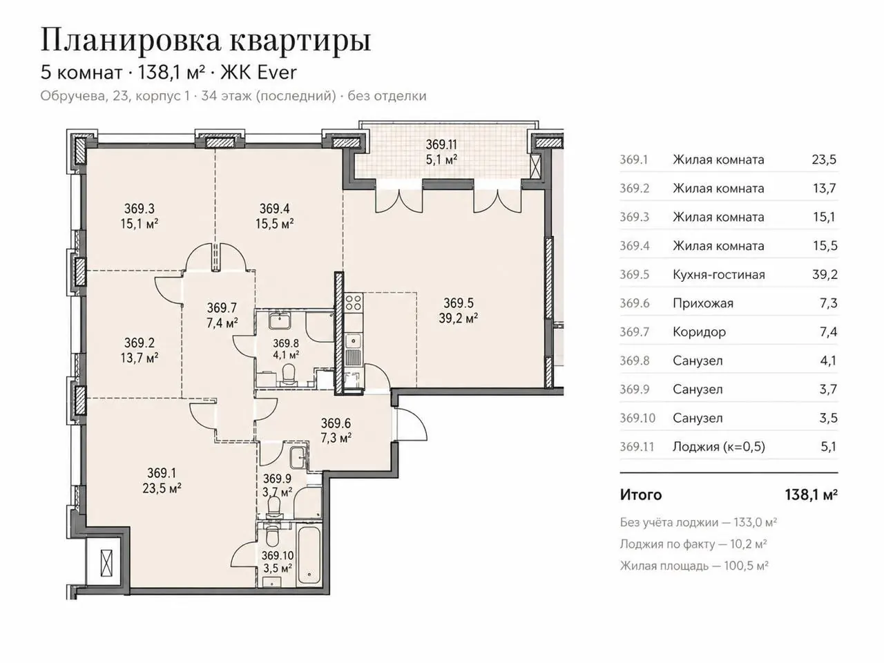 5-комнатная квартира 133,3 м² в ЖК «Ever»