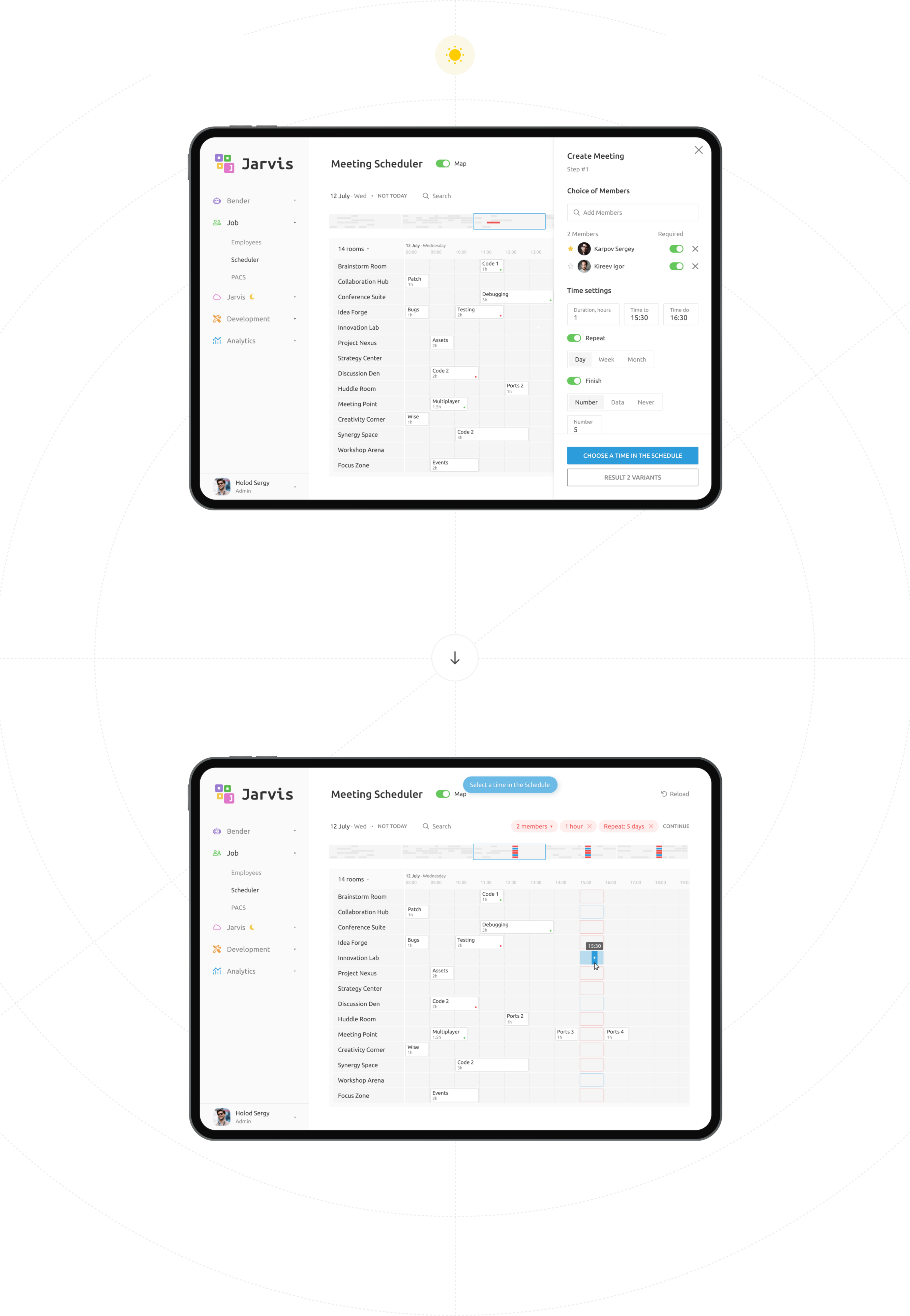 Собрали систему бронирования переговорных зон — как онлайн, так и офлайн, для обсуждения рабочих задач. В ней можно создавать повторяющиеся встречи по логическому правилу Изображение